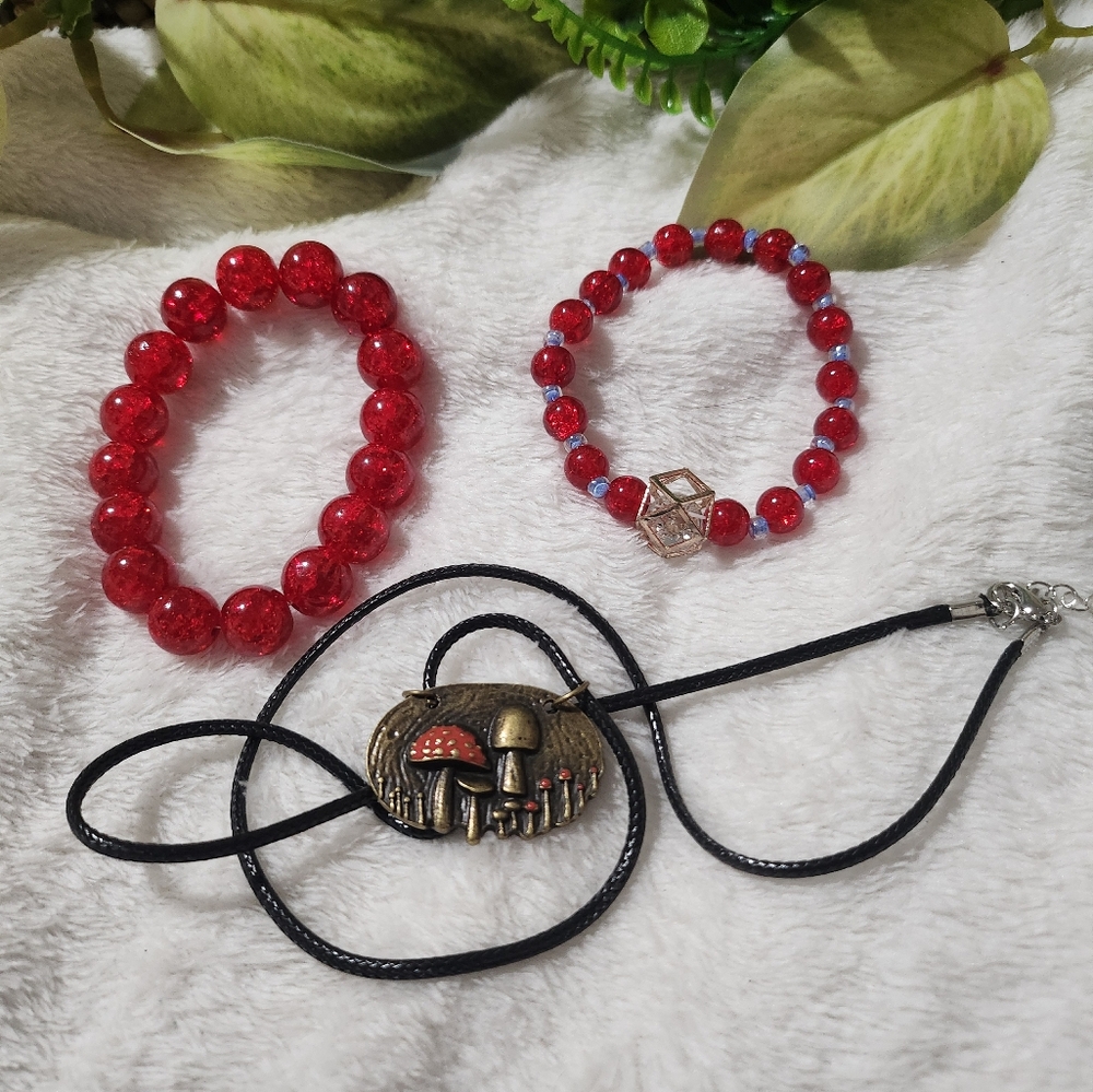 Handmade beaded bracelets and mushroom charm necklace